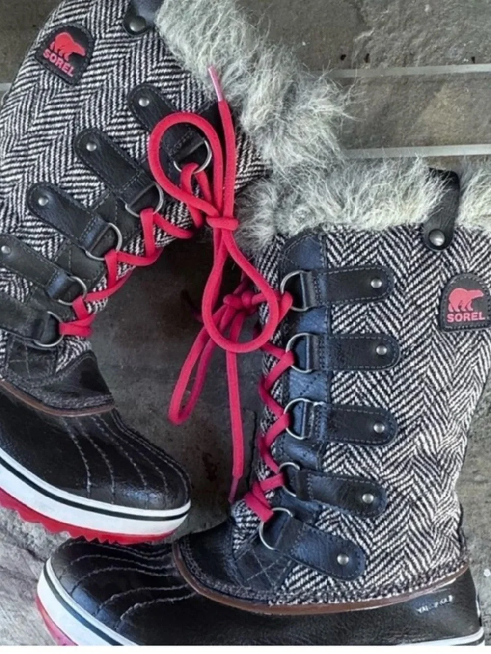 Sorel Tofino II Boots Womens 8 Black Brown Waterproof Fur Winter Lace Up‎